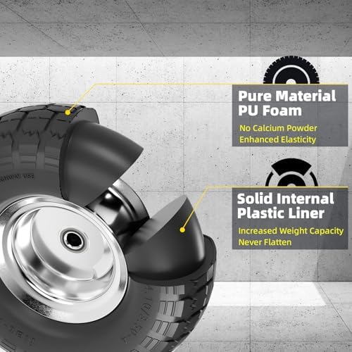 【UPGRADED】4.10/3.50-4 Tire and Wheel Flat Free, 10 Inch Solid Rubber Tire with 5/8”Axle Bore Hole and Double Sealed Bearings
