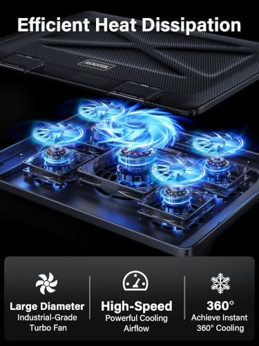 Kootek Laptop Cooling Pad Cooler Stand with 5 Quiet Fans for 12"-17" Laptop | 5 Fans, USB Powered, Laptop Cooling Stand with 2 USB Hub, 6 Adjustable Height, 360° Cooling Coverage, Anti-Slip, Blue LED