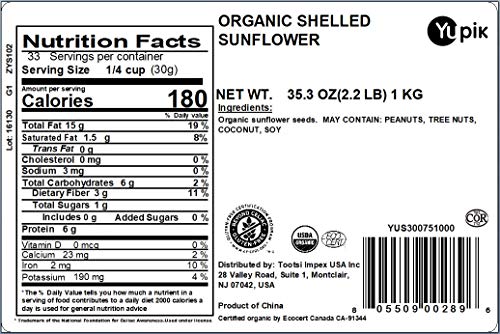 Yupik Organic Sunflower Seeds, No Shell, 2.2 lb (35.2 oz), Non-GMO, Vegan, Gluten-Free, Kosher, Raw Seeds, Salt-Free, Oil-Free, Source of Fiber & Iron, Healthy Snack, Ideal for Baking & Topping