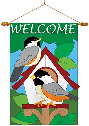 Two Group HS105030-P2-03 Bird House Garden Friends Birds Applique Decorative Vertical 28" x 44" Double Sided Flag Set Wood Dowel with String Hardware