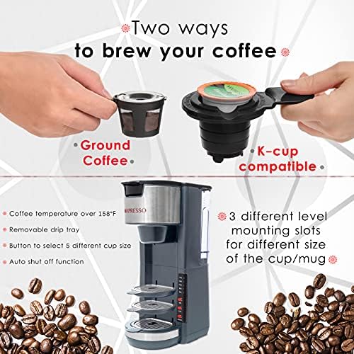 Mixpresso Black Single Serve Coffee Brewer K-Cup Pods Compatible & Ground, 30 oz Compact Coffee Maker Single Serve With 5 Brew Sizes Up To 14 Oz