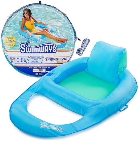 SwimWays Spring Float Recliner Chair for Swimming Pool, Inflatable Pool Floats Adult with Fast Inflation, Cup Holder & Foot Rest for Ages 15 & Up