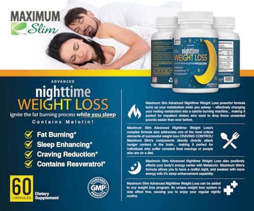 Maximum Slim Nighttime Weight Support – Gentle Fat Burning & Sleep Aid – African Mango, Resveratrol & Green Tea – Non-GMO, Vegan, 60 Capsules