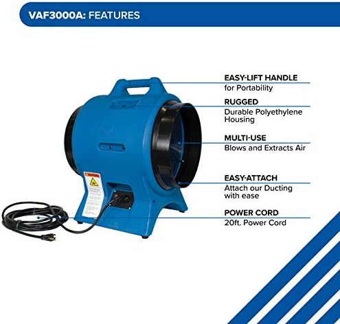 Schaefer VAF3000A 12" Diameter Industrial Confined Space Ventilator 115V 50/60Hz High Velocity Axial Exhaust Fan for Construction & Confined Spaces