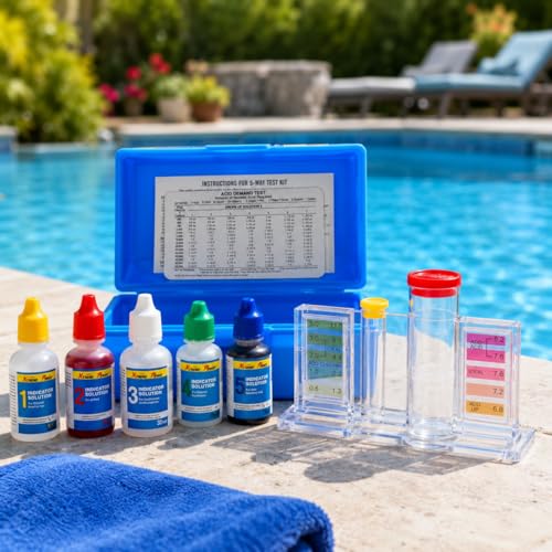 XtremepowerUS 5-Way Swimming Pool Test Kit pH, Chlorine, Bromine, Alkalinity Chemistry Testing with Case Spa, Inground Above Ground Pool Residential