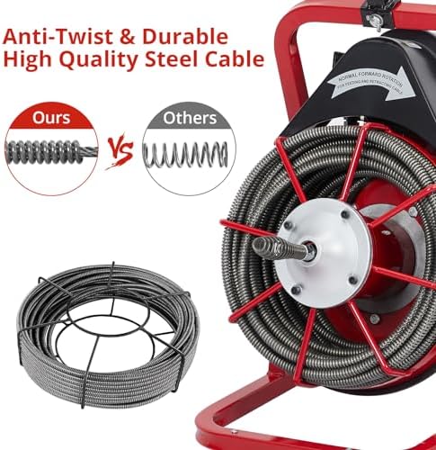 GarveeLife 75 ft 3/8 in Electric Drain Cleaner Machine Auto Feed Drain Auger for 1 to 4 in Pipes Professional Sewer Snake with 4 Cutters Gloves