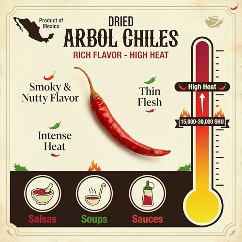 Chile De Arbol 4oz - Dried Whole Red Chili Peppers, Premium All Natural Stemless, Resealable Bag. Use in Mexican, Chinese and Thai Dishes. Spicy Hot Heat Full of Flavor