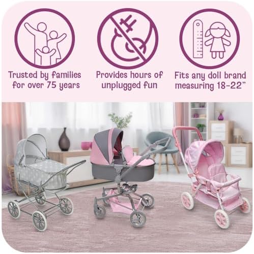 Badger Basket Foldable Jogging Style Doll Stroller - Adjustable Handle, Canopy, Straps & Basket - Fits 18-22" Dolls