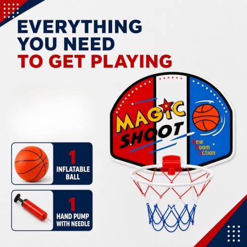 Indoor Mini Basketball Hoop Set, 16 x 13 in Backboard, Ball and Manual Pump | Over The Door Basketball Hoop With 9-Inch White Rim, 4.5-Inch Ball