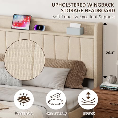 King Size Bed Frame with Headboard, Platform Bed with Upholstered Wingback Storage Headboard, Slats Support, No Box Spring Needed Beige