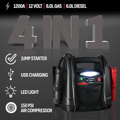 Schumacher Electric 1200A Lithium Car Battery Jump Starter and Power Station, 4-in-1 Solution, 150-PSI Air Compressor, 2.4A USB Charging