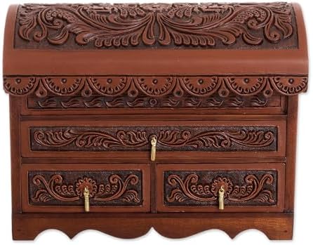 NOVICA Artisan Handmade Leather Cedar Wood Jewelry Chest Bird Pattern from Peru Brown Boxes Colonial Floral Animal Themed [8.25in H x 11.5in W x 6in