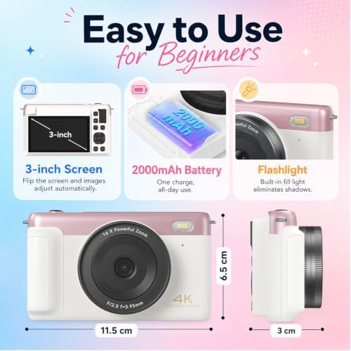 4K Digital Camera Vlogging Camera for Travel Point and Shoot | 75MP Photo Resolution, 4K 30FPS Video, 3-Inch Flip IPS Screen, 2500mAh Battery