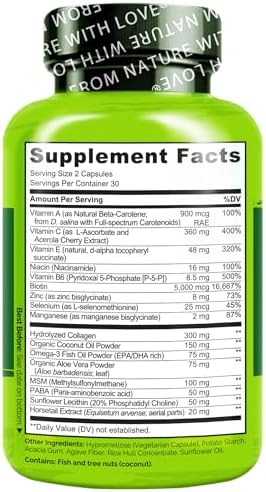 NATURELO Hair, Skin and Nails Vitamins - Biotin, Collagen - 60 Capsules | 5000 mcg, natural vitamin E, healthy skin