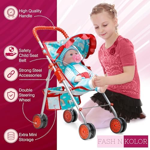 fash n kolor, My First Baby Doll Stroller with Flower Design with Basket in The Bottom- 2 Free Magic Bottles Included