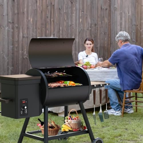 KingChii Electric Wood Pellet Grill & Smoker with Side Shelf, 456 SQ.IN Grill Capacity, with PID Temperature Control (180-425°F) for Backyard Camping Bake and Roast, Black