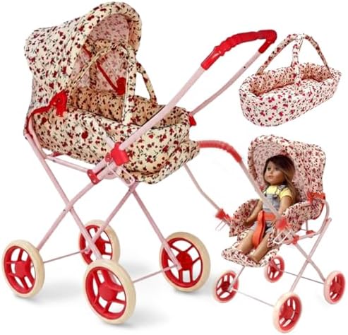 Baby Doll Stroller Play Set, 3-in-1 Babydoll Stroller with Removable Bassinet Baby Carriage for Dolls Toy Doll Stroller for Toddlers 3-4 Years,