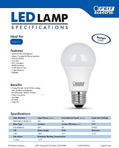 FEIT 100w LED Replacement Bulbs using 15W Daylight 5000K 1600 Lumens (10 Lamps)