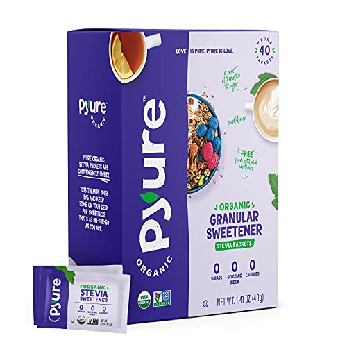 Pyure Organic Stevia Packets | Zero Calorie Sweetener For Coffee, 40 Count | Zero calorie organic stevia packets for coffee, tea, baking, keto, paleo, diabetic diets, lunchboxes, travel, and office