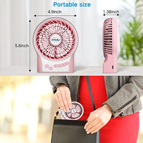 efluky 4.9-Inch Mini Desk Fan - 3 Speeds, Rechargeable Battery/USB Powered with LED Light, Quiet Portable Fan for Home, Office, Travel, Camping (Black)
