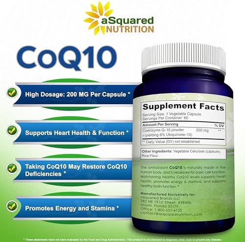 aSquared Nutrition CoQ10 (200 Capsules and 200mg) - High Absorption Vegan CO Q-10 Powder - Enzyme Ubiquinone Supplement Pills, Extra Antioxidant Coenzyme Q10 Vitamin, Coq 10 Alernative to Softgels