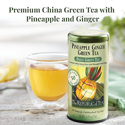 The Republic of Tea Daily Green Pineapple Ginger Green Tea, 50 Ct | Low Caffeine. A gentle cup for everyday. Fresh and lightly vegetal with notes of warming spice and juicy fruit. Gluten Free.