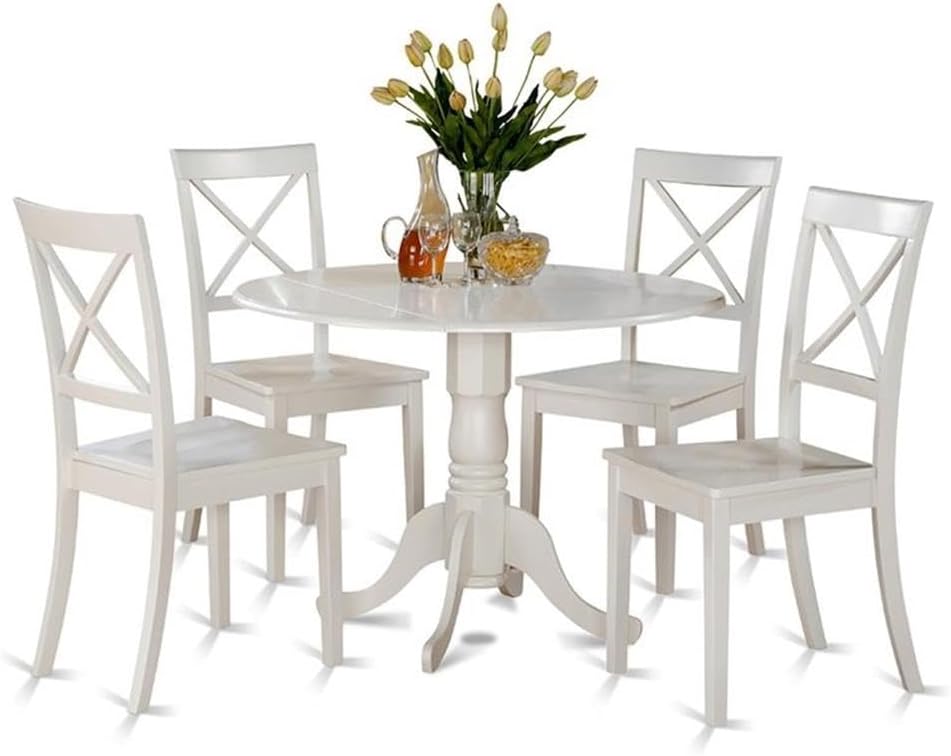 East West Furniture DLBO3-WHI-W 3 Piece Dining Room Table Set Contains a Round Kitchen Table with Dropleaf and 2 Dining Chairs, 42x42 Inch, Linen White