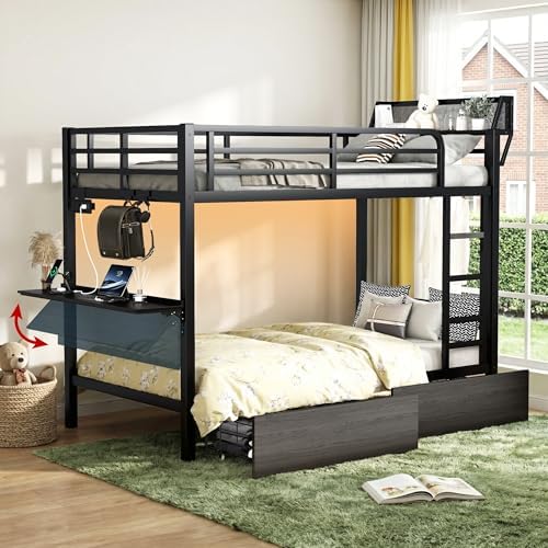 Twin XL Bunk Bed with Foldable Desk, LED Lights & Charging Station, Black | Upper Bunk Storage & 2 Drawers, Safety Guardrails with 4 Hooks, Space-Saving Design for Kids and Teens