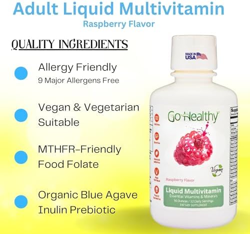 Go Healthy Liquid Multivitamin for Women, Men, Teens | Vegan Vitamin & Mineral Supplement | High Absorption | Premium Liquid Formula | Immune Support | Peach Mango Flavor | 32 Servings