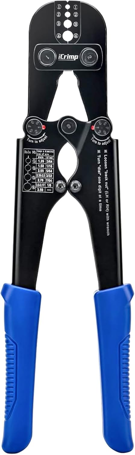 iCrimp IWS-1608M4 Wire Rope Crimper 3/64" to 1/8" 4 Dies | High carbon steel swaging tool for aluminum oval, double-barrel & annealed copper sleeves; ideal for railing, cable & fishing