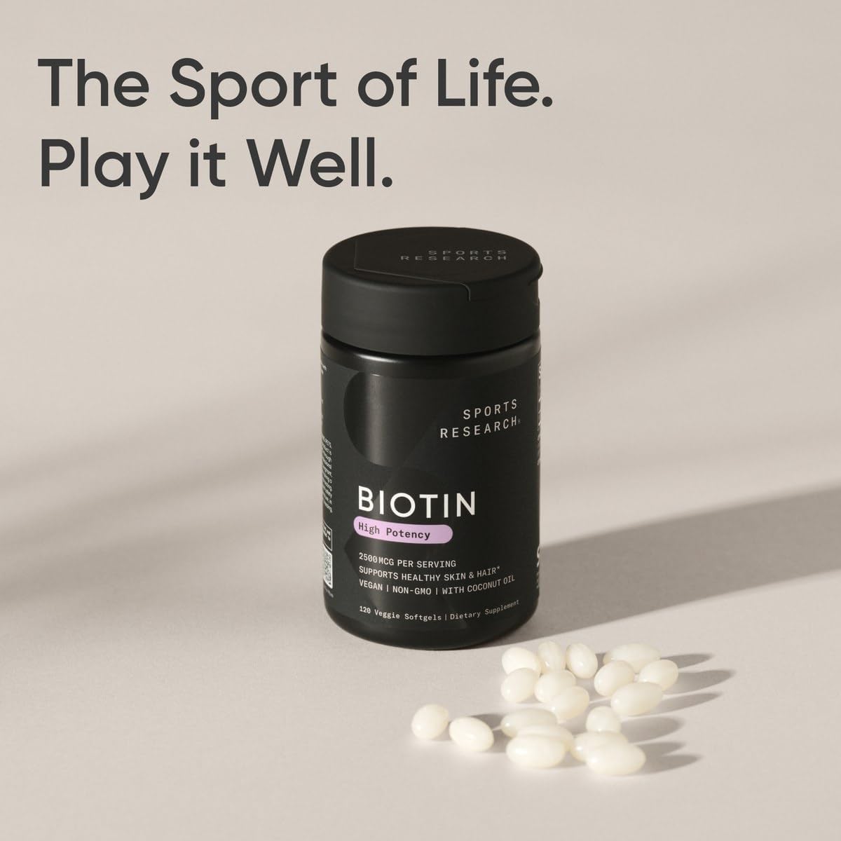 Sports Research® Biotin 10,000mcg w/Coconut Oil, 120 Count Plantgels™ | Max Strength Vegan Biotin (Vitamin B7) for Healthy Skin and Hair Support | Non-GMO, Gluten & Soy-Free, 120 Servings