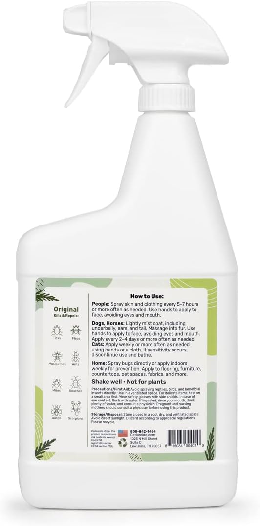 Cedarcide Original Bug Spray | Repel & Kill Fleas, Ticks, Mosquitoes, Mites, Ants & Chiggers | Natural Cedar Oil | Eco-Friendly | Quart