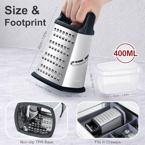 Ourokhome Cheese Grater with Handle, Stainless Steel Box Grater, 4 Side Kitchen Vegetable Shredder Slicer Zester with Container for Parmesan, Cabbage