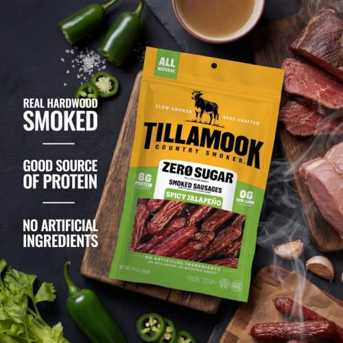 Tillamook Country Smoker Zero Sugar Spicy Jalapeno Smoked Sausages, 10 Oz, 9g Protein, Real Hardwood Slow Smoked High Protein, Low Carb Meat Sticks