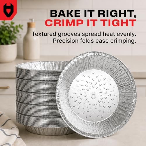 NoCry Premium Disposable Pie Pans 9 Inch (50 Pack) — Foil Aluminum Tins with Curl Lip for Baking Delicious Tarts or Crispy Pastry Crusts —