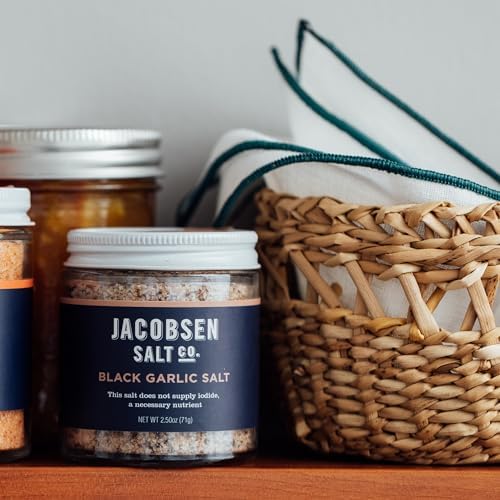 Jacobsen Salt Co. Black Garlic Salt, Kosher, Non-GMO, Umami - 2.5 Oz | Steak Seasoning, Non-Iodized, Made in USA, Sweet Umami Flavored, Kosher Sea Salt, Infused with Garlic