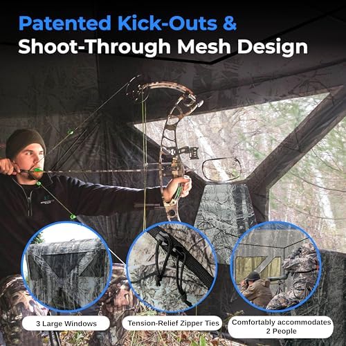SereneLife Caretaker Ground Hunting Blind – Pop-Up Camouflage Deer Blind w/Dual-Floor Kick-Outs, Water Repellent and UV Treated