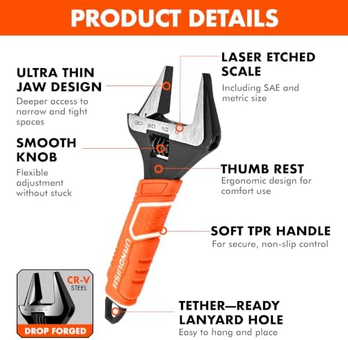 VANQUISH 12 Inch Adjustable Wrench, 2-3/8” Wide Jaw Opening Plumbing Wrench, CR-V Steel, SAE and Metric Scale Marked, With Comfort Grip Handle and Hanging Hole (3154)
