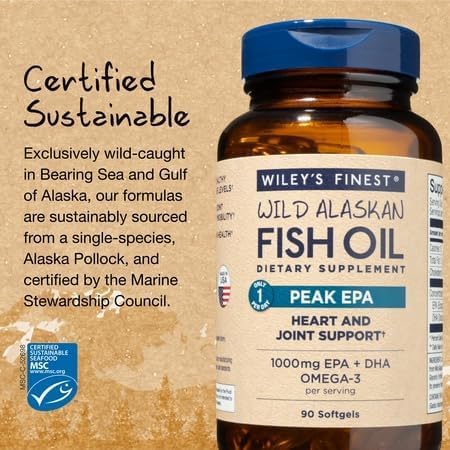 Wiley's Finest Wild Alaskan Fish Oil Peak EPA - Triple Strength Peak EPA & DHA Supplement - 1000mg Fish Oil - Omega-3s for Joint Health Support - 30 Softgels (30 Servings)