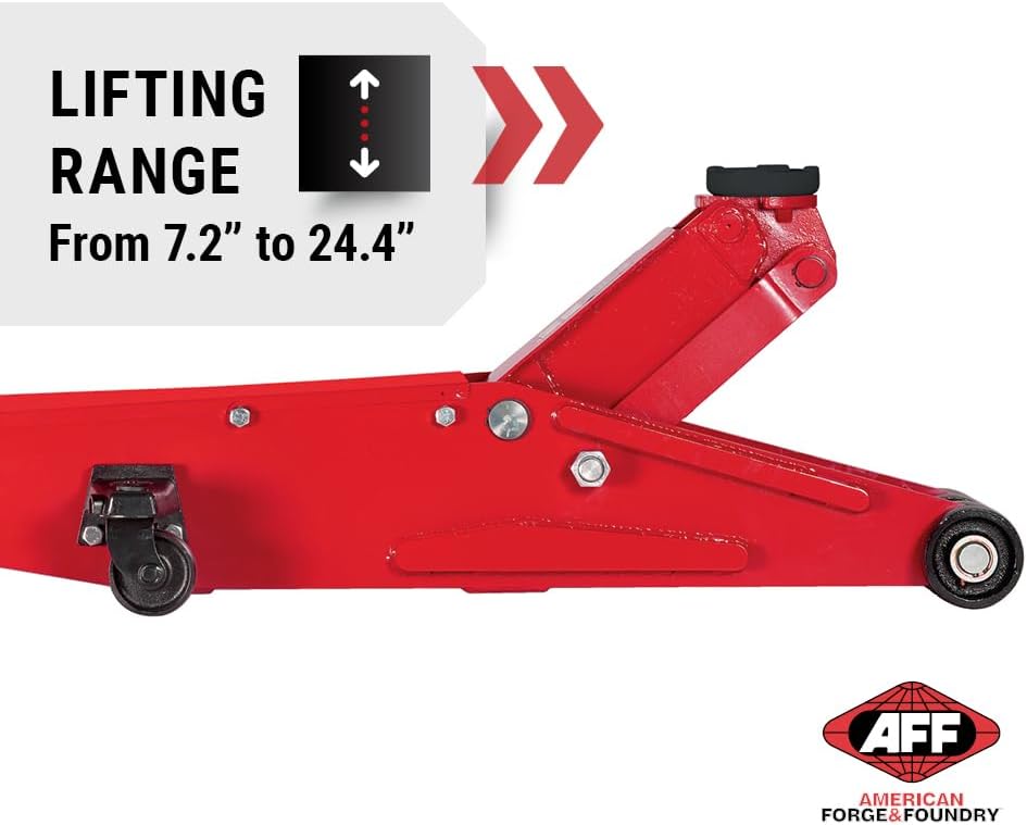 AFF 10 Ton Air Hydraulic Long Chassis Jack - for Long Overhang Vehicles | 10 T Floor Jack with Foot Pump & 3-Position Lock Handle - Ideal for Repair Shops, Bus & Truck Fleets, Heavy Duty Equipment