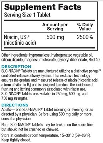 Slo-Niacin Slow Release Niacin 500mg - Vitamin B3 Supplement for Heart Wellness - Flush-Free B3 Vitamins for Cholesterol & Cardiovascular Support
