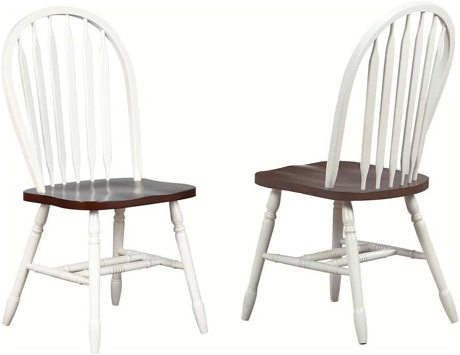 Sunset Trading Andrews Windsor Arrowback Dining Side Chair | Two Tone Antique White Chestnut Brown Solid Wood | Set of 2 Fully Assembled Sidechairs