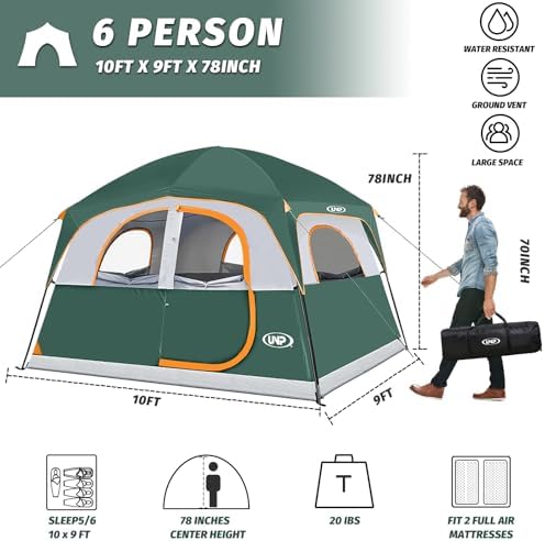 UNP 6 Person Tents for Camping Waterproof Family Cabin Tent with Rainfly