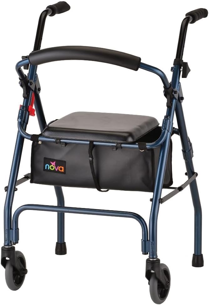 NOVA Cruiser 2 Lightweight Rollator Walker for Beginning Gait Training, 11 lb Foldable Rolling Walker with Seat, Stable Support for Early Mobility