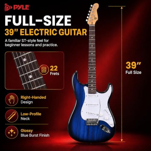 Pyle Electric Guitar and Amp Kit - Full Size 39" Complete Starter Kit with Wearable Bluetooth Amplifier, 1/4” Cable, Carry Case, Strap, Strings, Picks, Cleaning Cloth, ST-Style Pickups (Black)