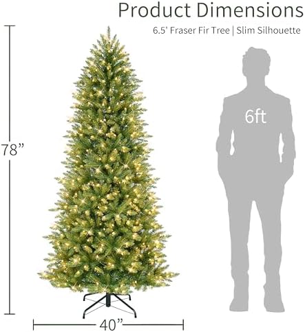 Puleo International 7.5ft Pre-Lit Slim Fraser Christmas Tree with 500 Warm White LED Lights, 1453 Realistic Dense Branch Tips, Easy Setup Artificial Trees with Sturdy Metal Stand