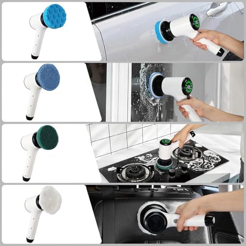 Electric Spin Scrubber, Cordless Power Cleaning Brush with 8 Replaceable Heads, 2 Adjustable Speeds, LED Display & Long Handle