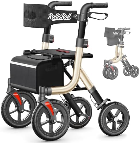 Walkers for Seniors, Rollator Walker with Seat, 10" Big Rubber Wheels All Terrain Rolling Walker, Lightweight Foldable Rollator Walker, Built-in Cable, Reinforced Aluminum Frame, Orange
