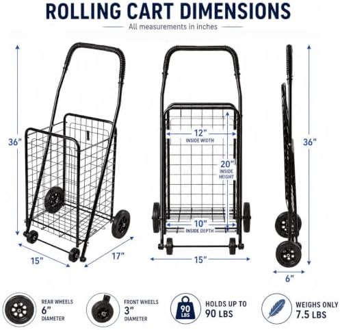 DMI Utility Cart with Wheels to be used for Shopping, Grocery, Laundry and Stair Climber Cart, Weighs 7.5 Pounds but holds up to 90 Pounds