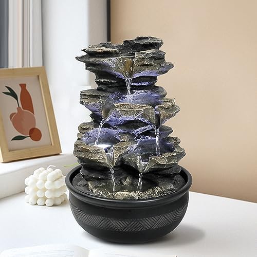 Rockery Indoor Water Fountain, Zen Meditation Tabletop Fountain with LED Lights & Crystal Ball for Home Office Bedroom 9 4/5"